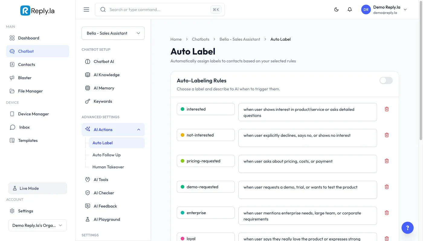 Reply.la Auto Label Settings — feature screenshot