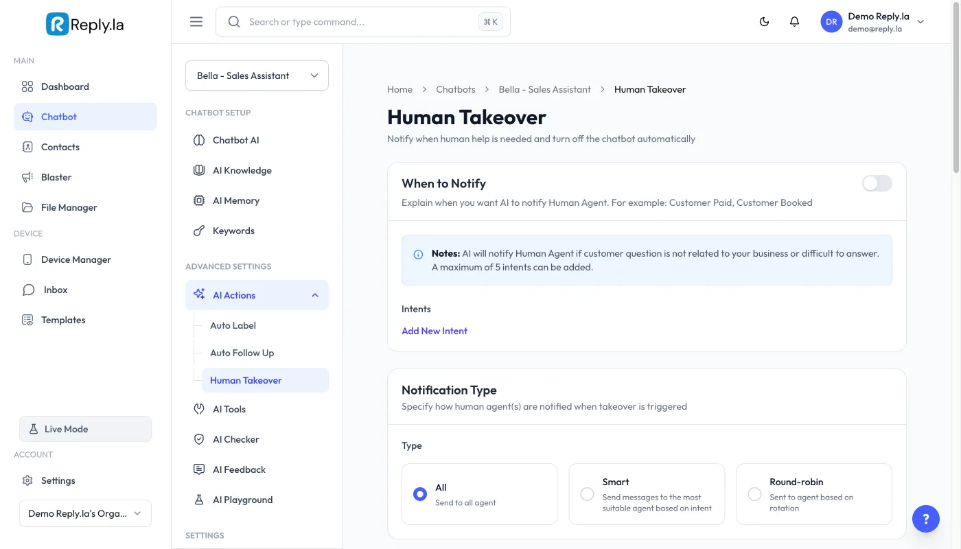 Reply.la Human Takeover Settings — feature screenshot
