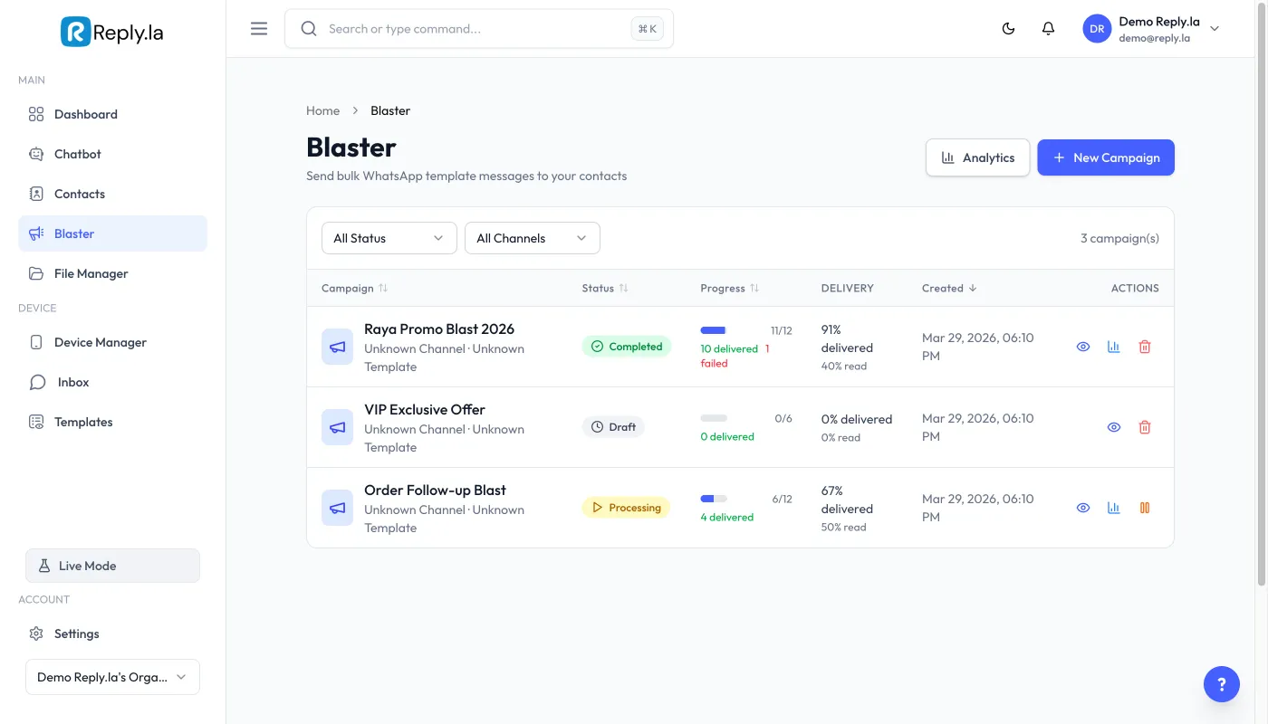 Reply.la Senarai Kempen — feature screenshot