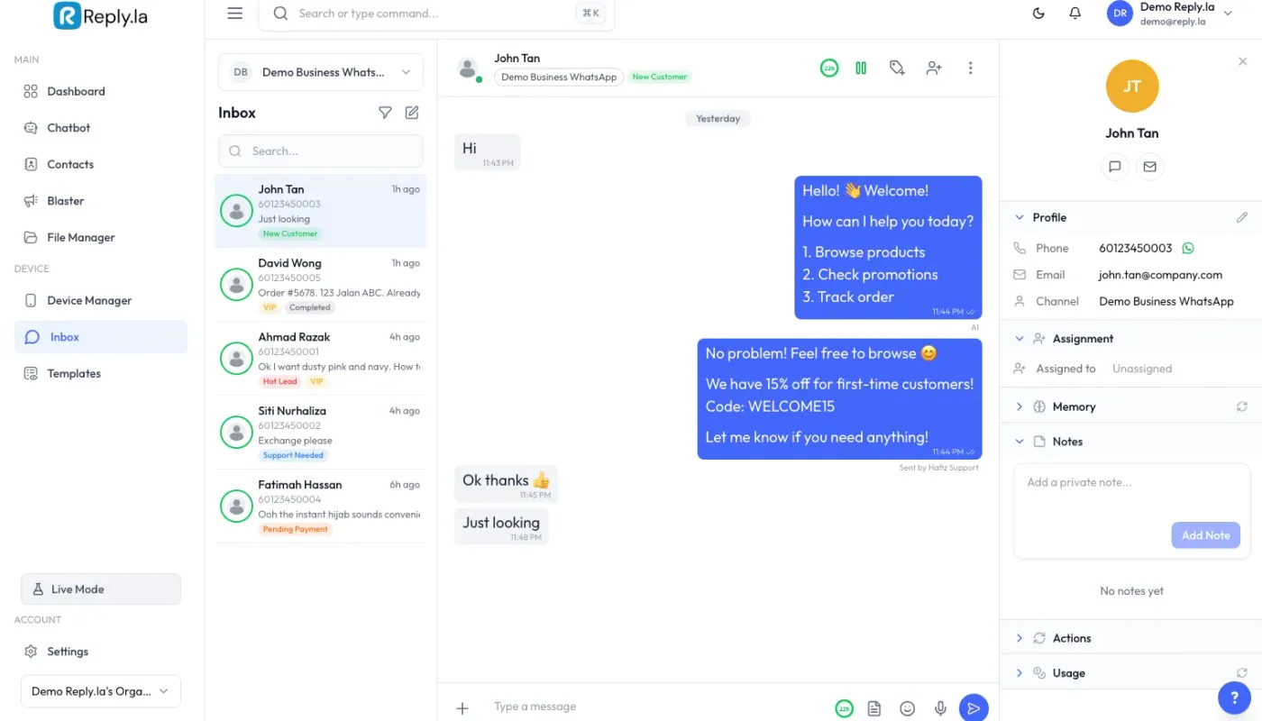 Reply.la Paparan Perbualan AI Chatbot — WhatsApp AI screenshot